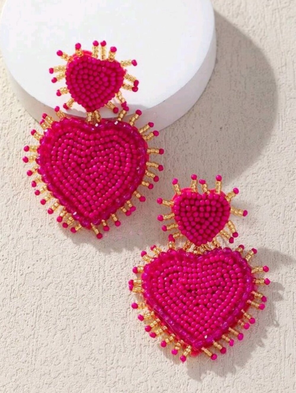 NEW! Chic Hot Pink Beaded & Gold Heart Drop Post Earrings - Women Jewelry